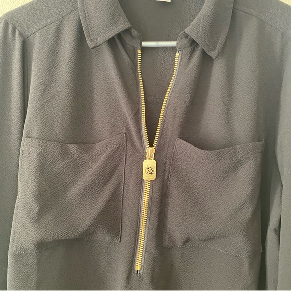Michael Kors Gold Metal Zip V-Neck Chest Pocket Long Slv Blouse - Picture 4 of 7